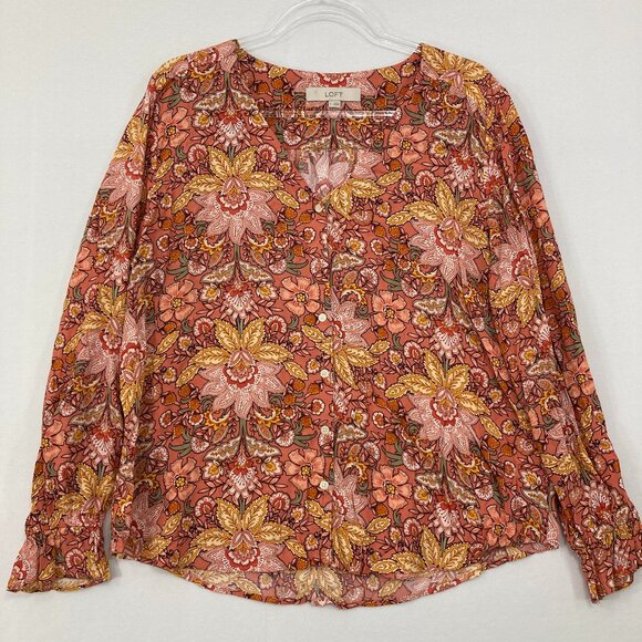 LOFT Large Multi Color Floral V Neck Long Sleeve Button Down Feminine Office - Picture 1 of 11